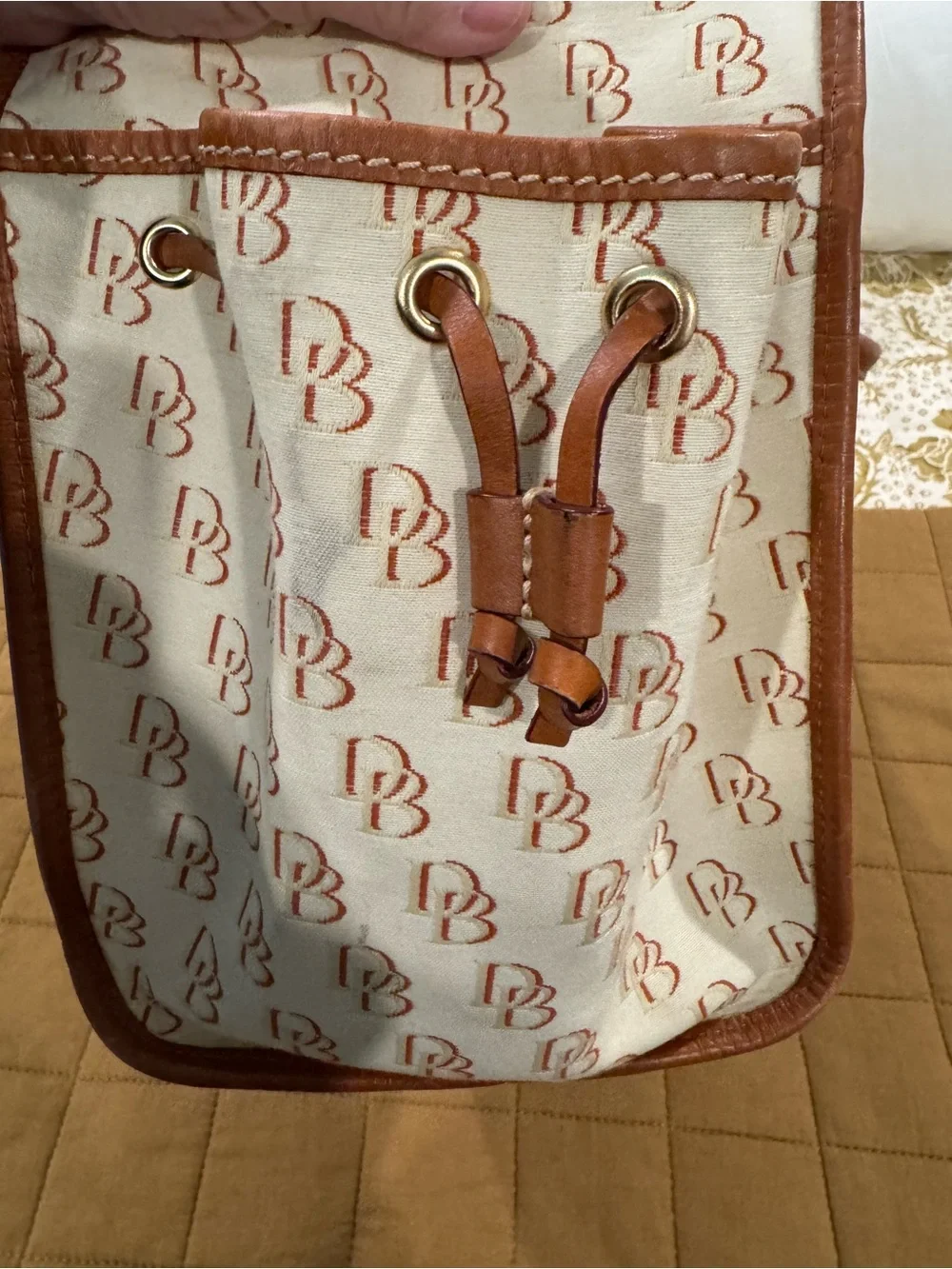 Dooney & Bourke Cream Canvas Tote with Brown Leather Trim